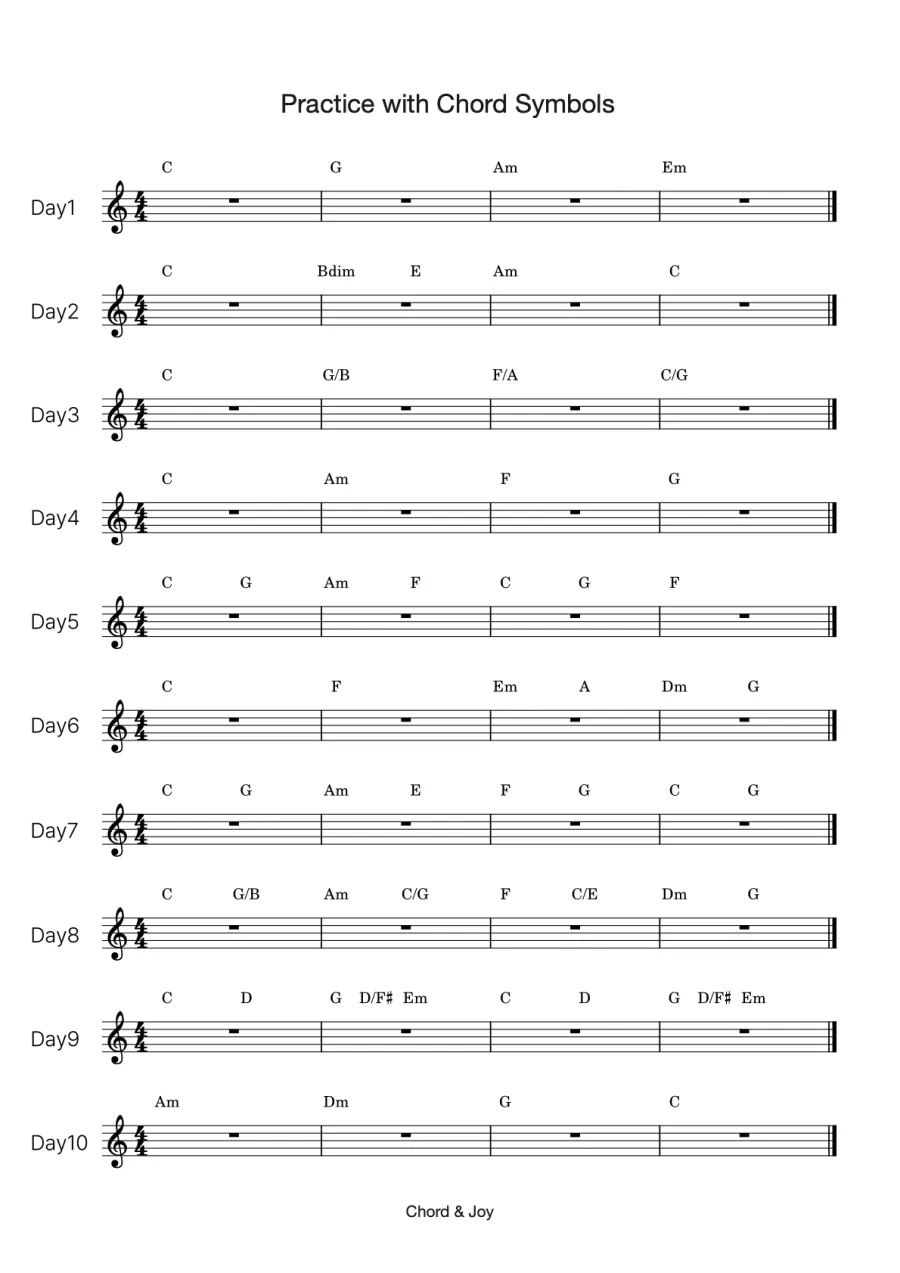 Sample page: Days 1 to 10 written as chord symbols only