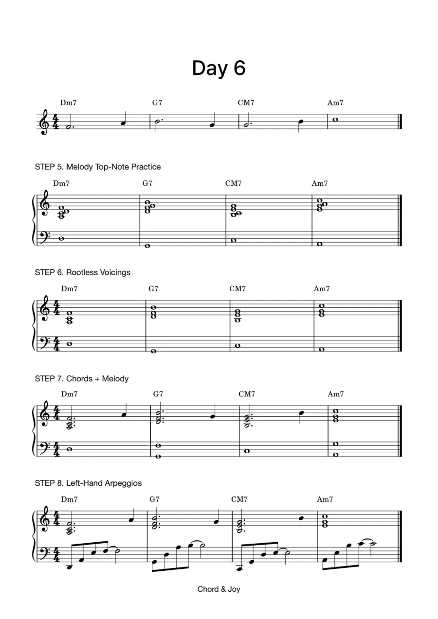 Sample page: Day 6: top-note melody, rootless voicings, chords with melody, arpeggios